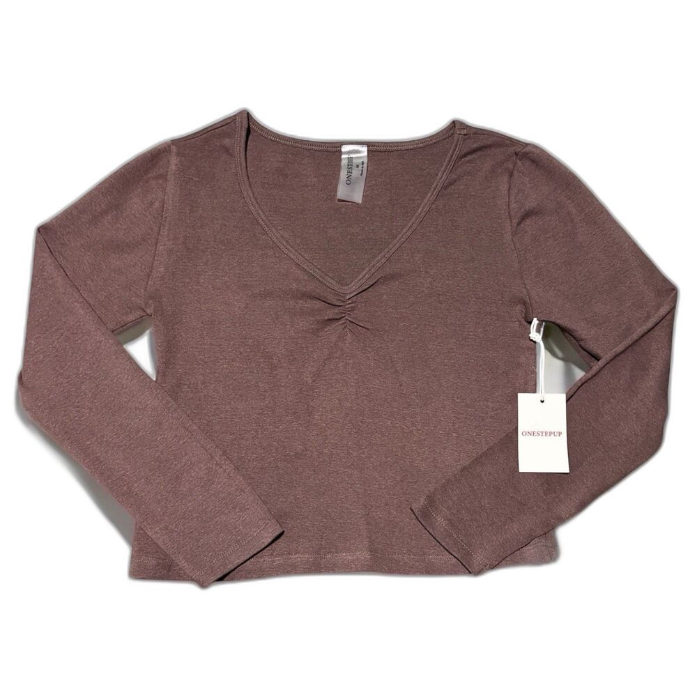 One Step Up Top Womenโs M Brown Long Sleeve V-Neck Ruched Cropped NWT